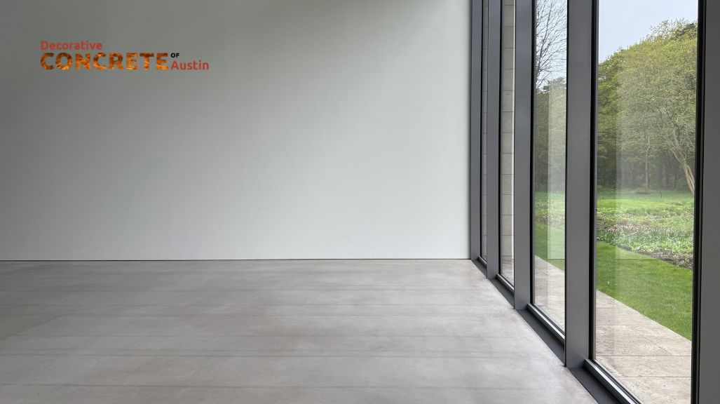Spacious room with smooth concrete flooring and large floor-to-ceiling windows on the right, revealing a serene green landscape. 