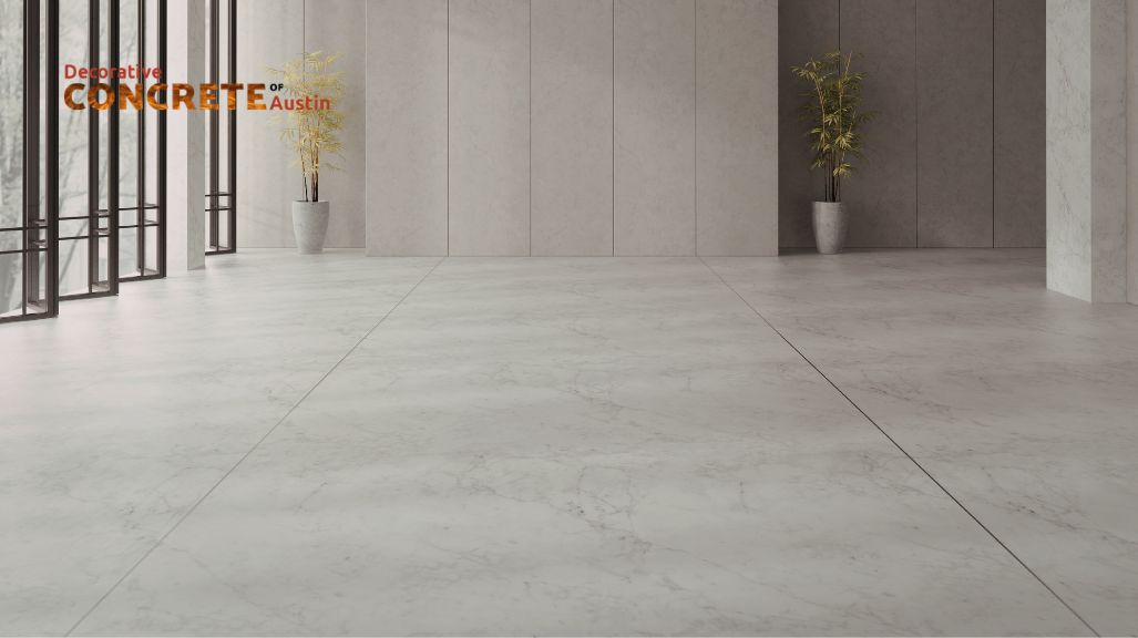 Spacious room with polished concrete floor, grey walls, large windows, and two potted plants. 