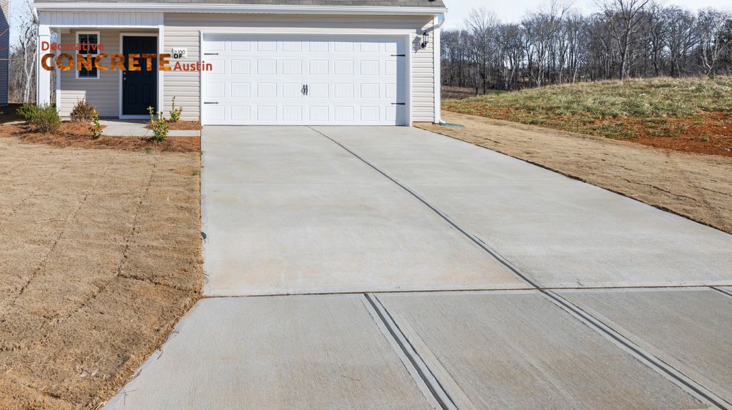 A clean, wide concrete driveway leads to a white garage of a suburban home.