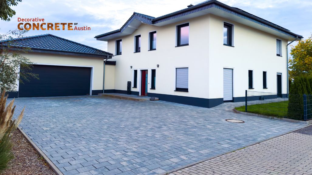 Modern two-story house with cream walls and a dark tiled roof. Features a spacious, neatly paved driveway and garage