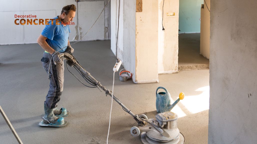 A worker in a blue shirt smooths concrete with a floor sander in a partially renovated room.