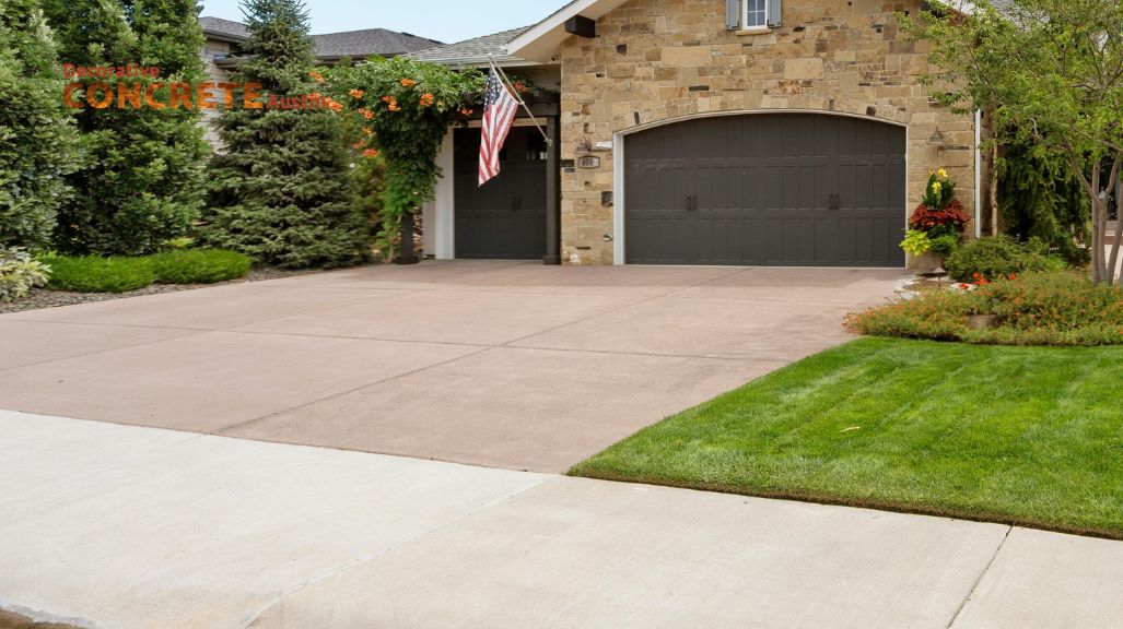 A neat driveway leads to a stone-faced house with a dark garage door
