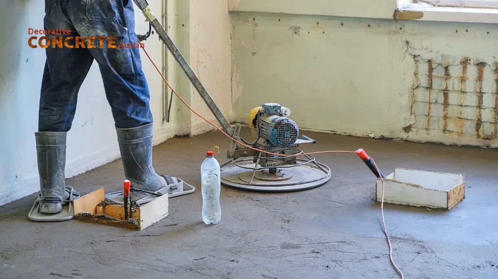 A worker in boots operates a concrete power trowel on a gray cement floor, adding finishes.